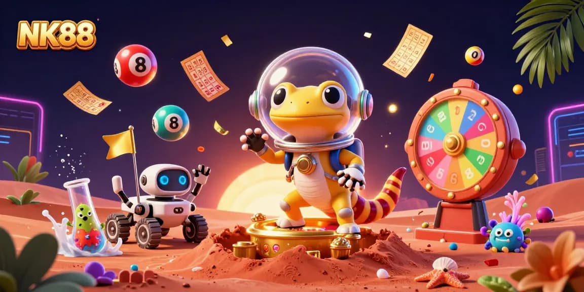 Engage with exciting gaming experiences at NK88's vibrant online casino featuring a Martian gecko and dynamic elements.