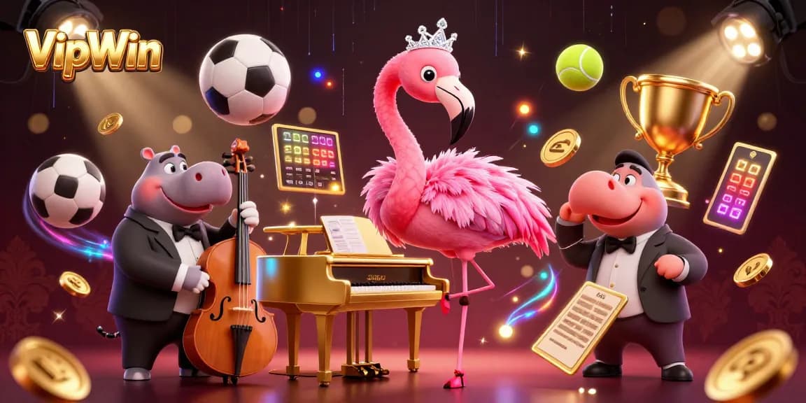 Engage with thrilling gameplay at VipWin while exploring vibrant casino elements featuring a flamingo singer and hippo bassist.