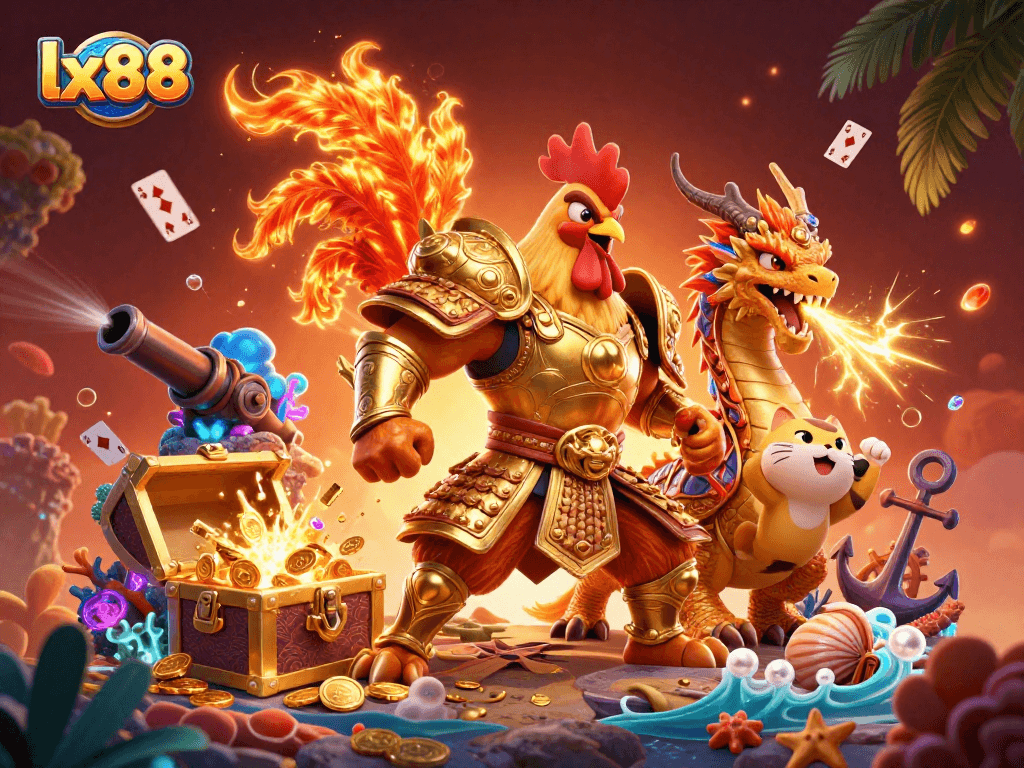 Experience thrilling gameplay at lx88 with a dynamic scene featuring a warrior rooster, dragon hatchling, and treasure elements.