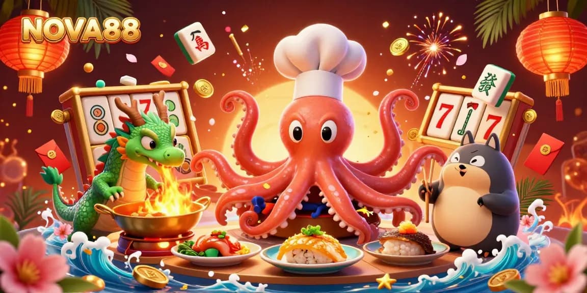 NOVA88 players spinning slot reels and winning in a vibrant 3D casino scene.