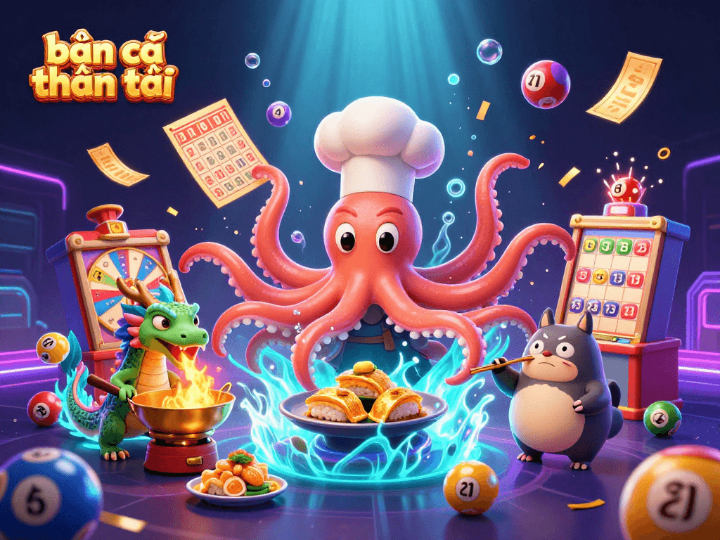 Bắn cá thần tài captures a vibrant 3D scene with a sushi chef octopus, dragon, and tanuki amidst lottery excitement.