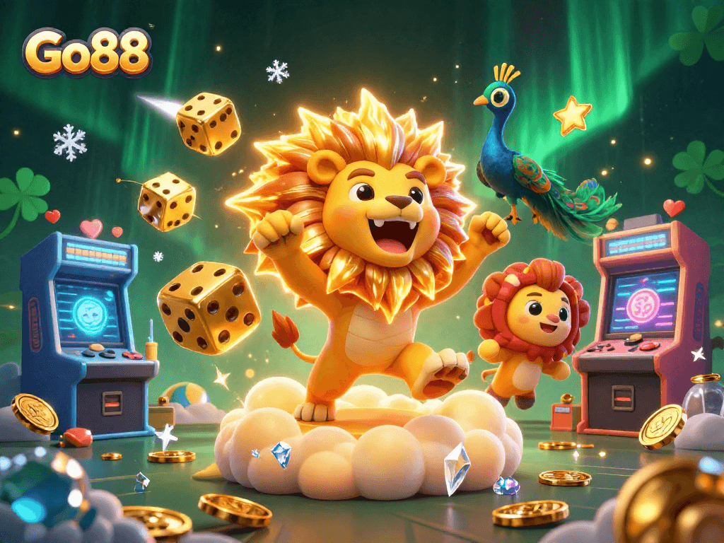 Experience the thrill of Go88 with dynamic casino elements and vibrant 3D illustrations.