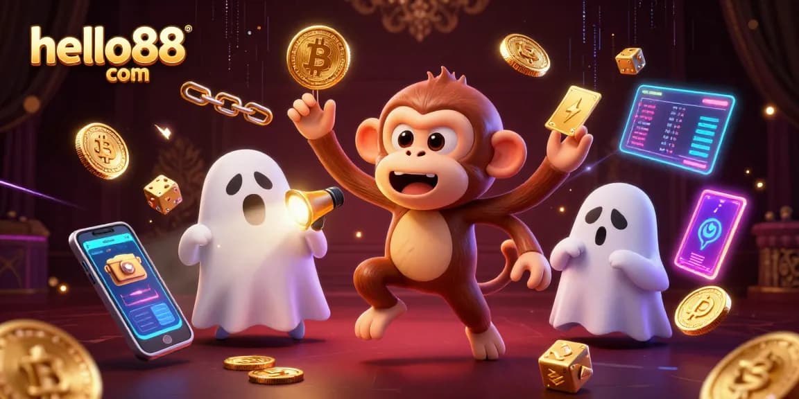Engage with hello88 com as the playful poltergeist monkey juggles golden treasures in a bustling casino.