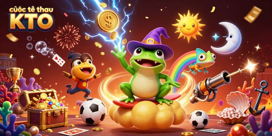 Engage in cược thể thao KTO while witnessing a vibrant storm of golden coins and energetic characters.