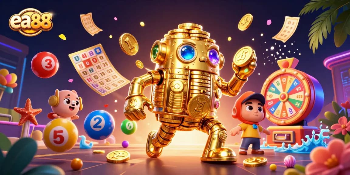 Engage in thrilling wins with ea88 in vibrant casino scenes featuring animated gold golems and lottery elements.
