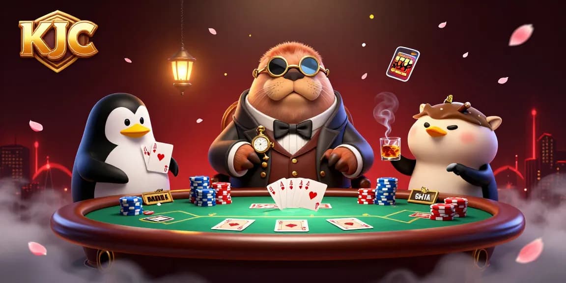 KJC hosts a vibrant poker game featuring a walrus, penguin dealer, and pufferfish at a dynamic underwater table.