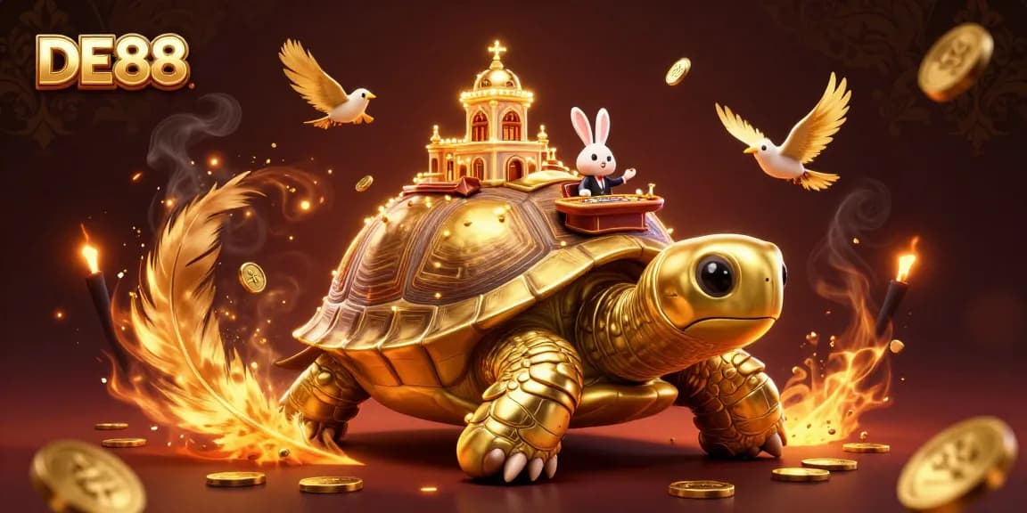 Play at DE88 casino with rabbits dealing cards and golden tortoises in a vibrant wonderland.
