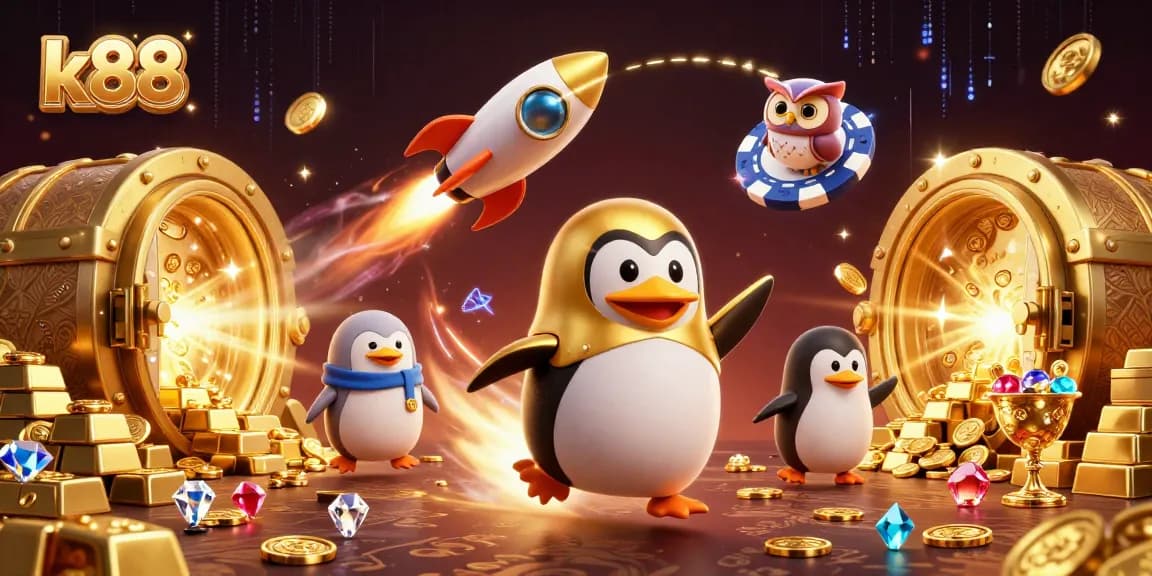 k88's golden penguin blasts through a cosmic casino, leaving coins in its wake.