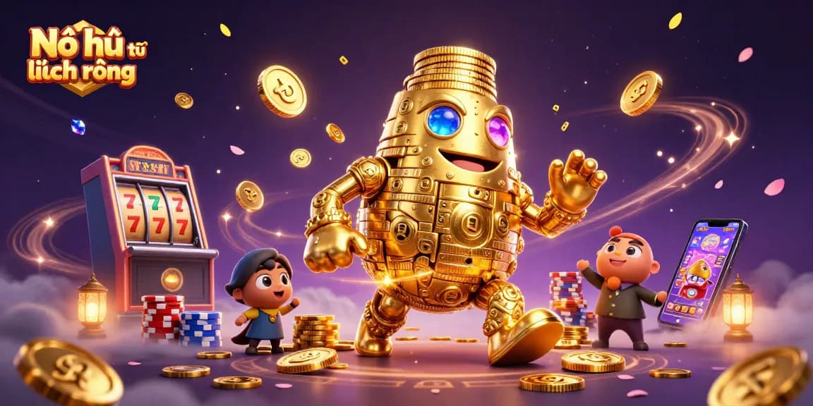 Nổ hũ thủ lĩnh rồng showcases dynamic slot gameplay with a golden golem and vibrant game elements.