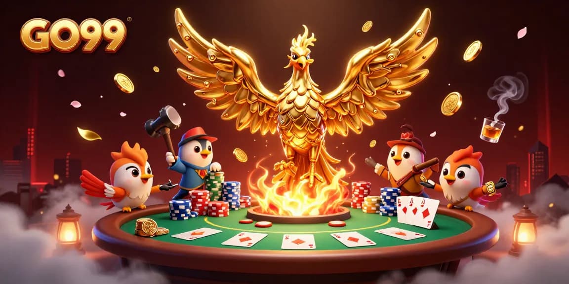 Experience GO99's thrilling poker atmosphere with molten golden phoenix and vibrant casino elements.