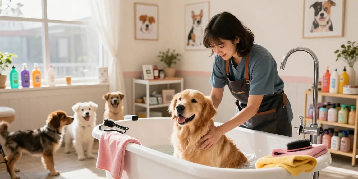 Dog grooming York scene showcasing a gentle groomer bathing a golden retriever in a cozy salon