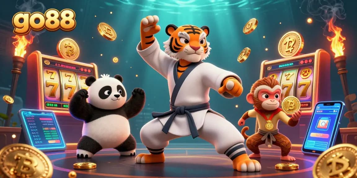 Experience thrilling slots at go88 with a masterful kung fu tiger amidst golden jackpot elements.