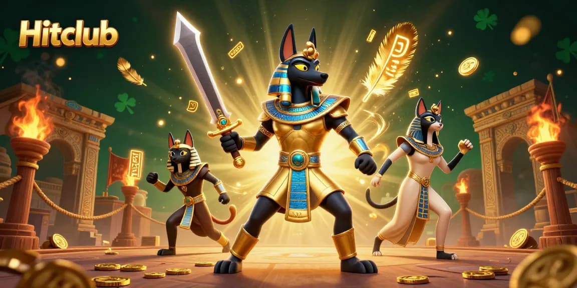 Experience thrilling excitement and odds at Hitclub with Anubis and Bastet in an energetic gaming arena.