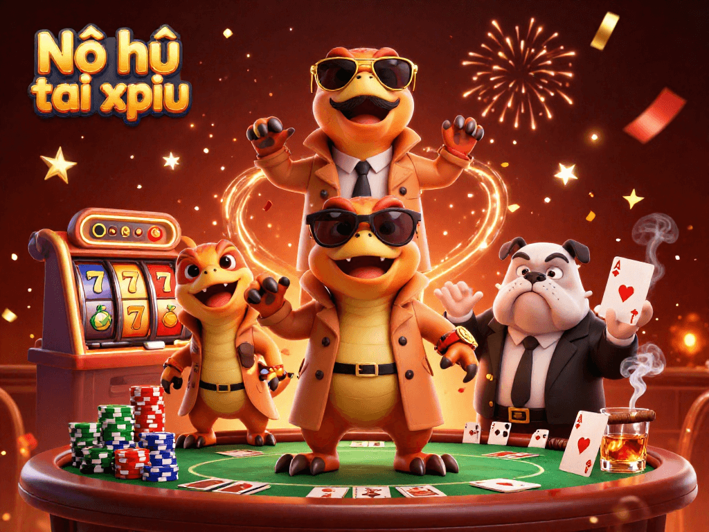 Experience Nổ hũ tài xỉu with dynamic slot reels and three raptors gaining entry to the VIP lounge.