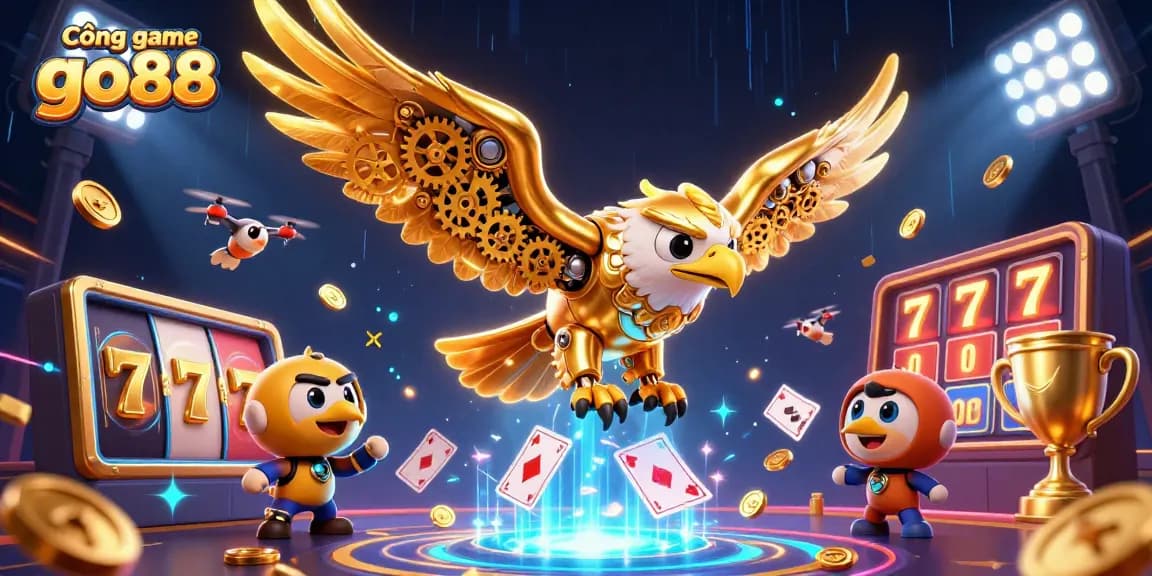 Cổng game go88 showcases a thrilling 3D scene with a cybernetic eagle soaring through dazzling slot reels and golden elements.