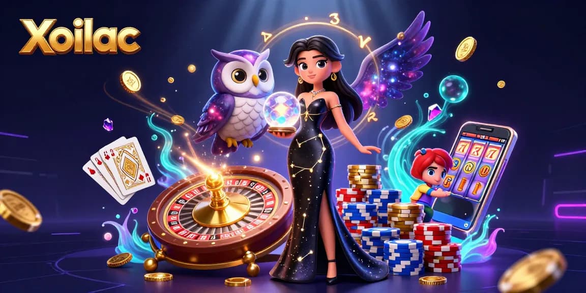 Xoilac showcases a mystical scene with a woman and owl, surrounded by dynamic casino elements.
