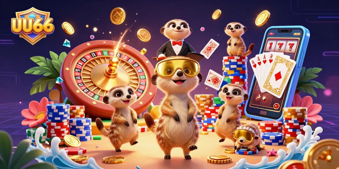 Experience the thrilling excitement of UU666 with a vibrant 3D meerkat casino scene showcasing dynamic gambling elements.