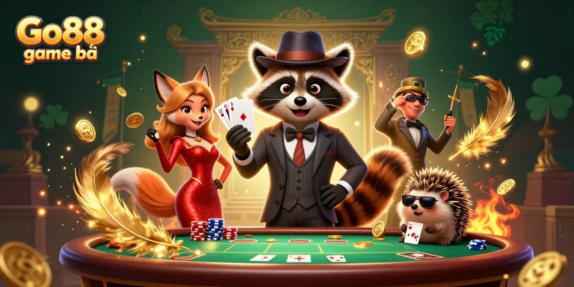 Experience the thrill of Go88 game bài with stylish characters at a lively poker table.