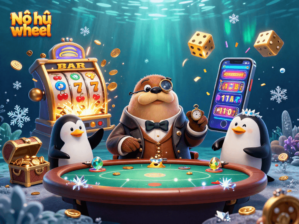 Nổ hũ wheel players enjoy thrilling gameplay amid vibrant casino elements and underwater ambiance.
