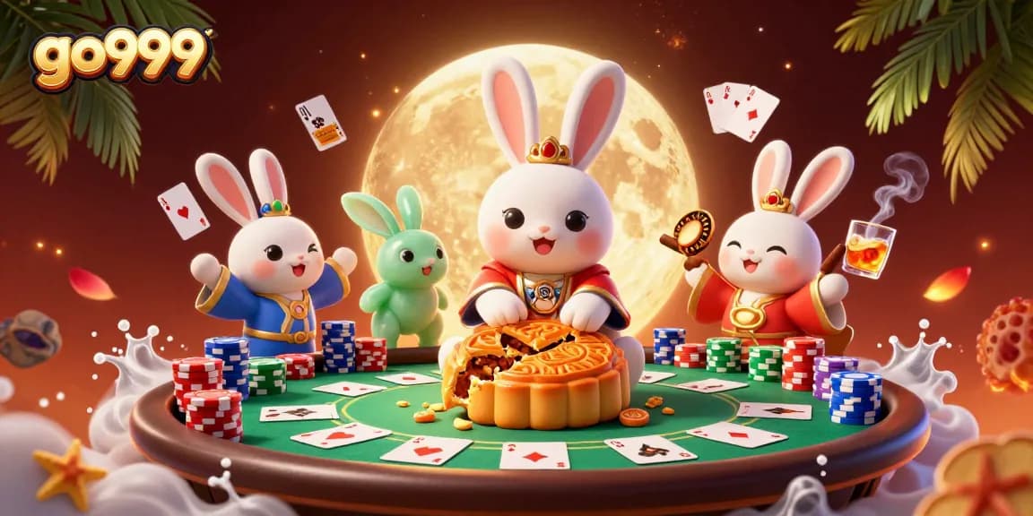 Play at go999, where a whimsical moon rabbit discovers poker chips in lunar mooncakes!