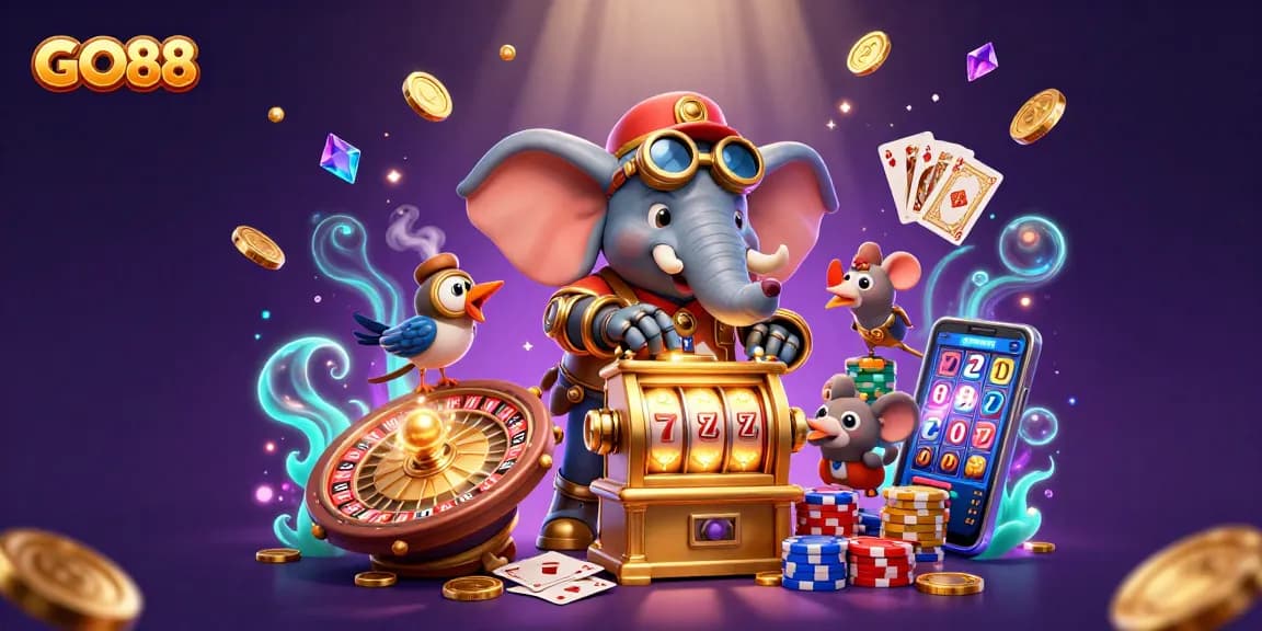 Experience exciting GO88 slots with a steampunk elephant operating a golden jackpot machine amidst cascading coins.
