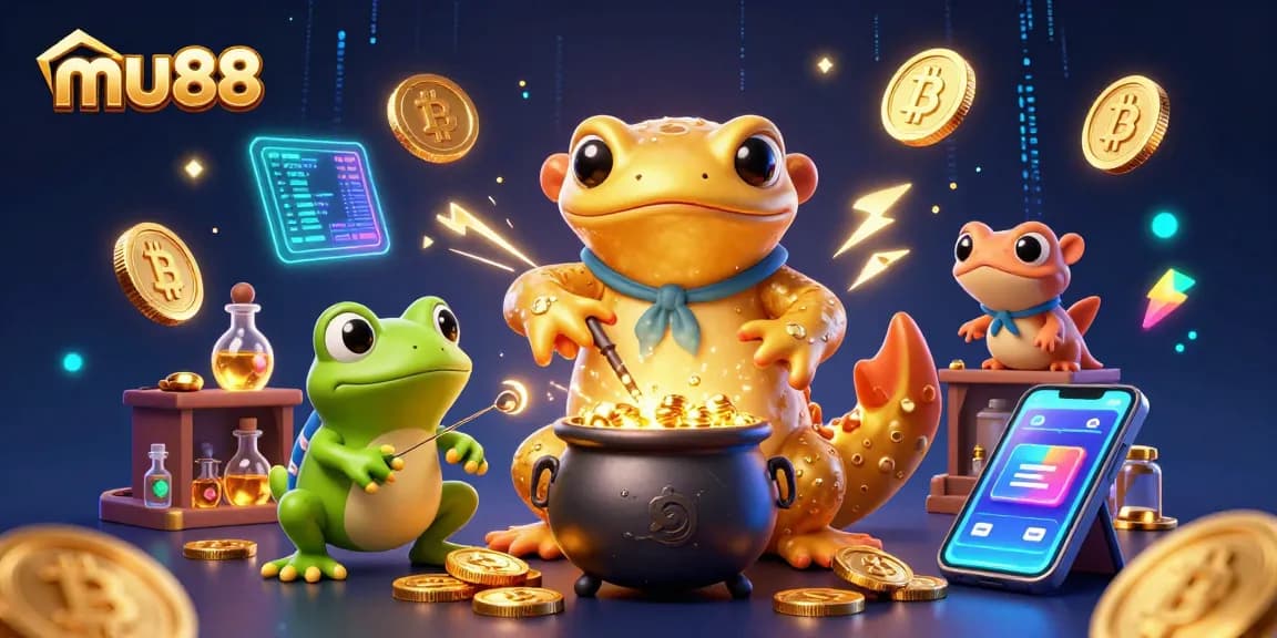 Experience mu88's vibrant gaming world with a 3D golden salamander alchemist creating wealth.