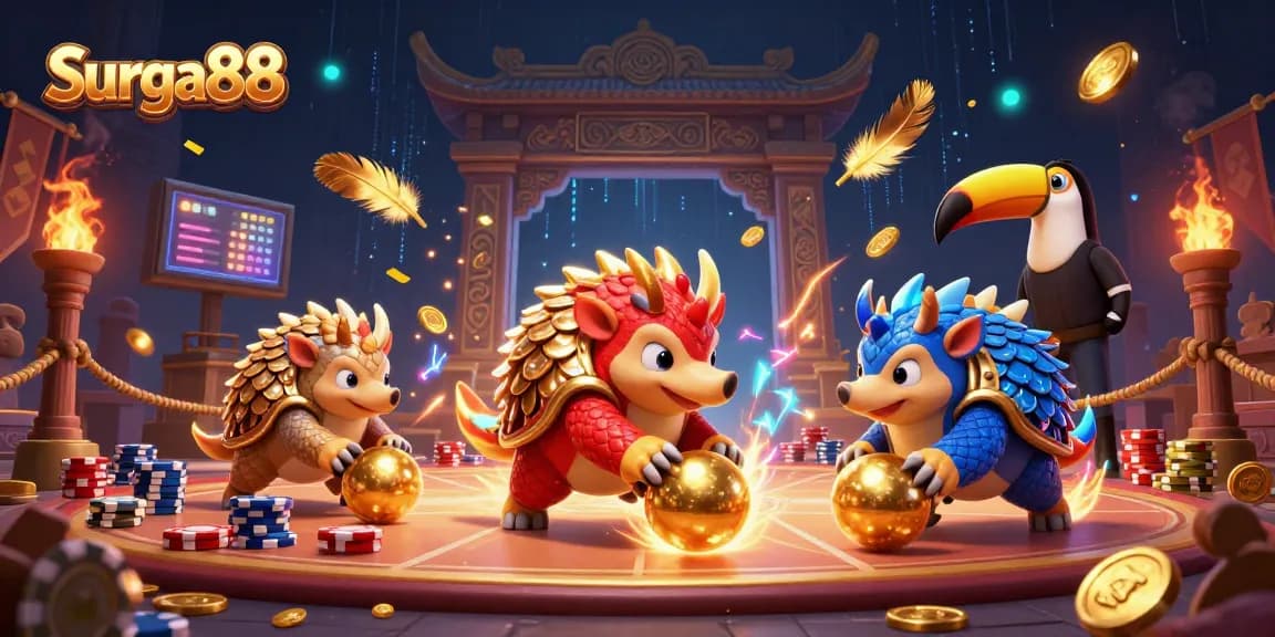 Engage in Surga88 with exciting pangolins bowling through poker chips in a vibrant casino scene.