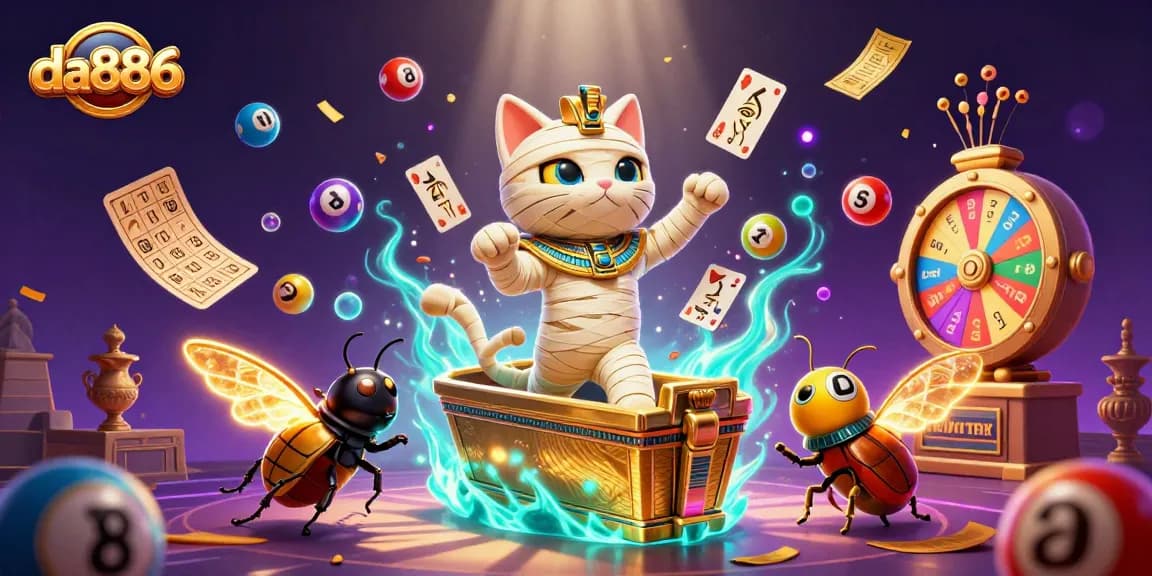 Experience the thrill of da886 with an Egyptian mummy cat and dynamic lottery elements.