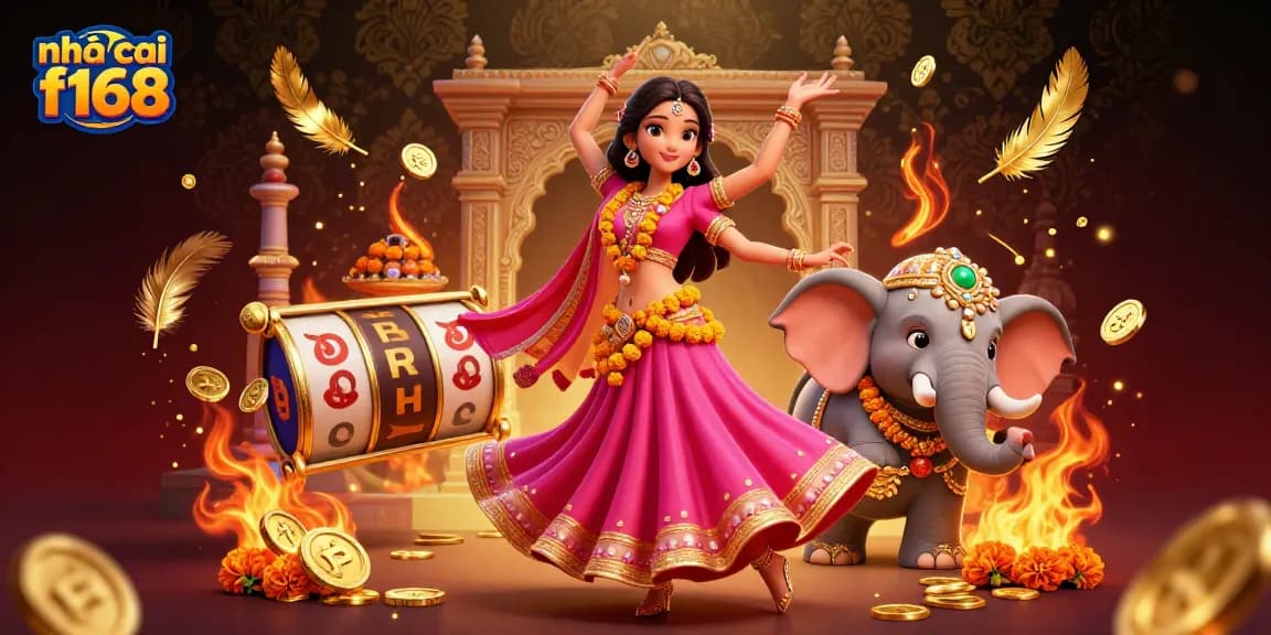 Experience the vibrant world of nhà cái f168 with a dazzling 3D illustration showcasing a beautiful Asian dancer, golden coins, and dynamic gaming elements.