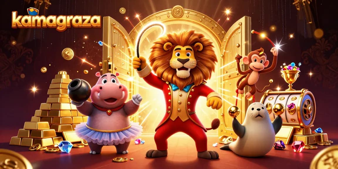 Kamagraza pushes the excitement with a vibrant 3D illustration showcasing gambling characters around gleaming slot reels and stunning treasures.