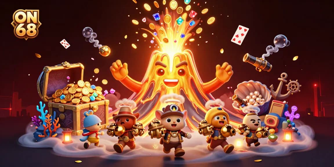 Win big at ON 68's casino with vibrant treasures erupting from a golden volcano.