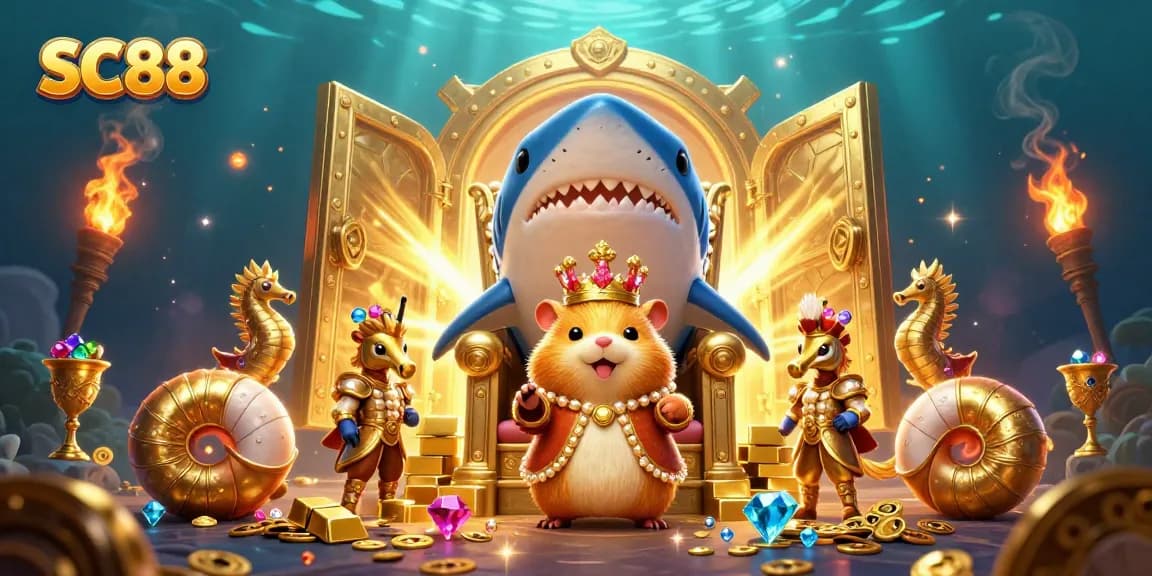 Experience thrilling gaming adventures at SC88 with a fun-filled underwater scene featuring a fierce hamster king and treasure.
