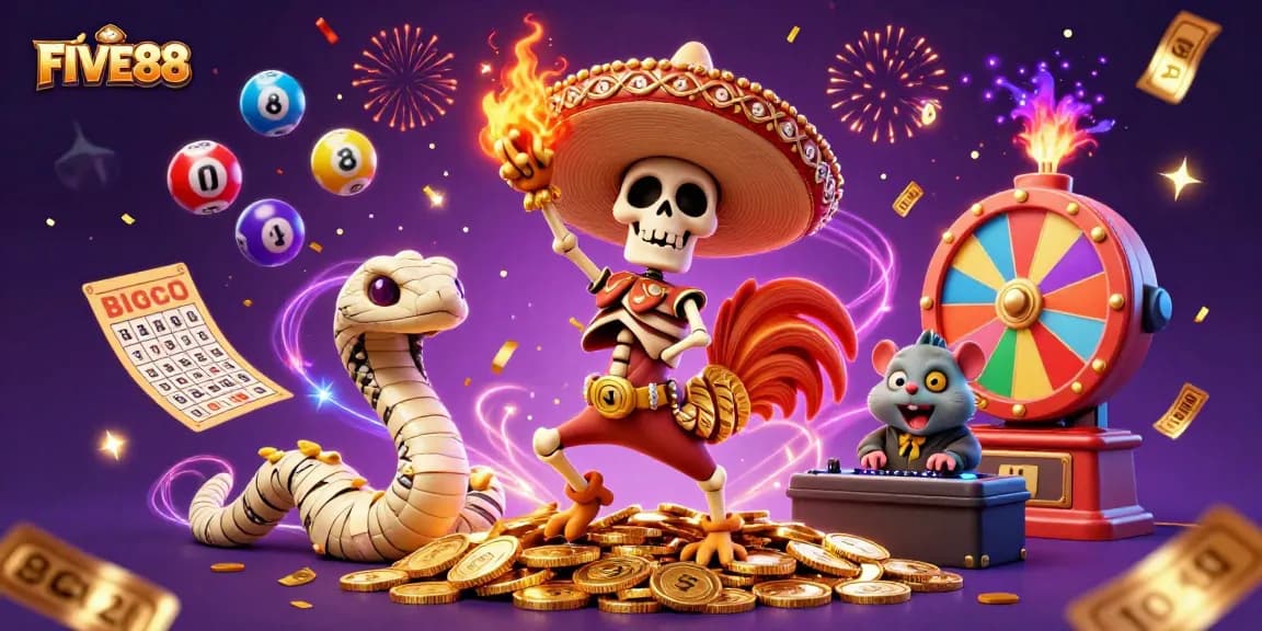 FIVE88 brings excitement with a vibrant 3D casino scene featuring animated characters and game elements.