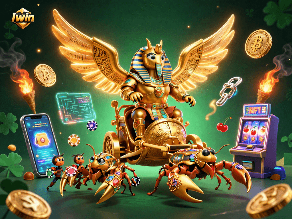 Iwin showcases a captivating slot scene with golden beetle warriors and glowing crypto coins emphasizing gaming excitement.