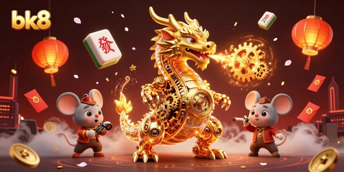 Play and win at bk8 with an engaging 3D illustration of a golden dragon amidst vibrant casino elements.