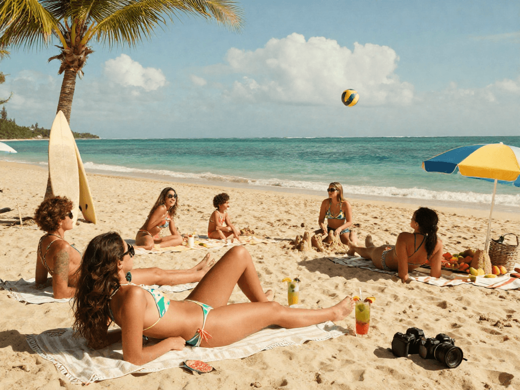 Friends enjoying summer beach day at BIKINISLOT, vibrant swimsuits and snacks around.
