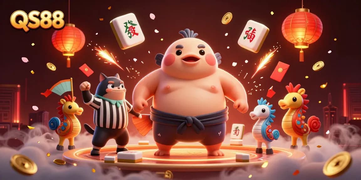 Engage in excitement at QS88 with a vibrant online casino scene featuring animated characters and festive elements.