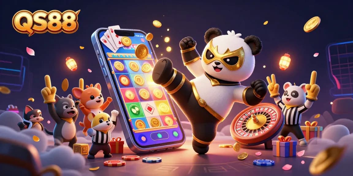 Experience thrilling gameplay at QS88 with a vibrant scene of animals enjoying slots and excitement.