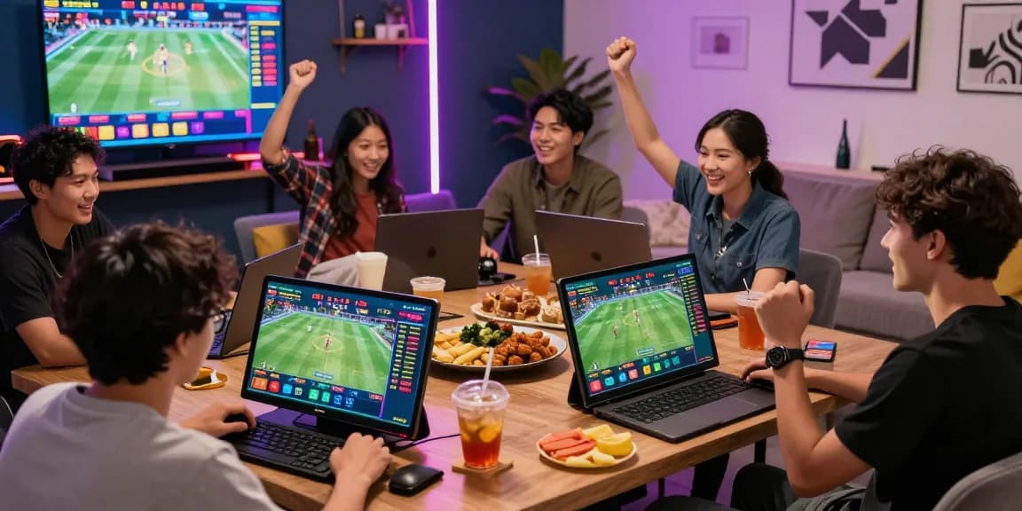 LUCK8 online betting platform with friends enjoying live sports betting and colorful screens.