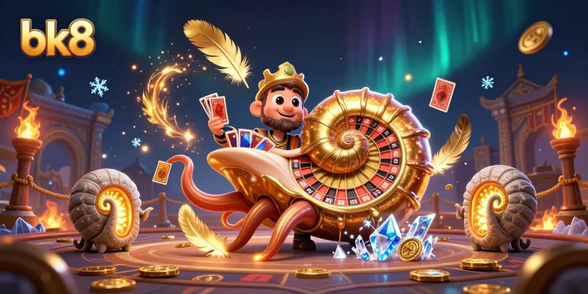 Play games and win with bk8 at a vibrant online casino featuring unique characters and golden elements.