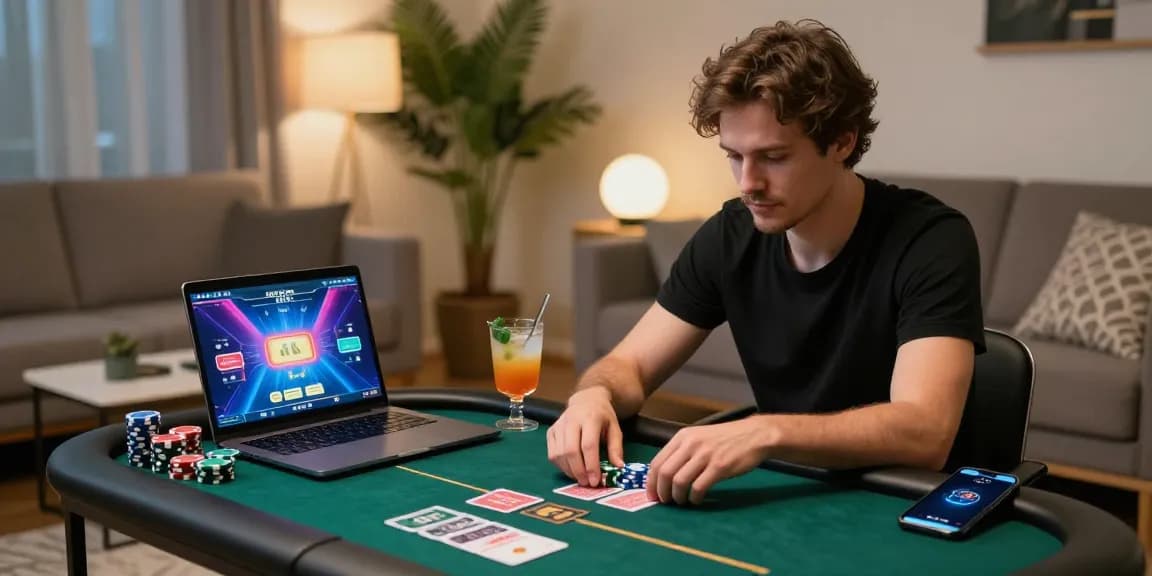 Dewapoker online gaming scene with focused player, poker chips, and vibrant laptop graphics.