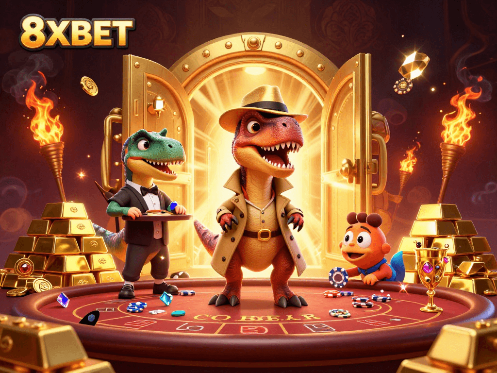 Engage with 8XBET in a vibrant casino scene featuring a velociraptor card counter, adding excitement to the game.