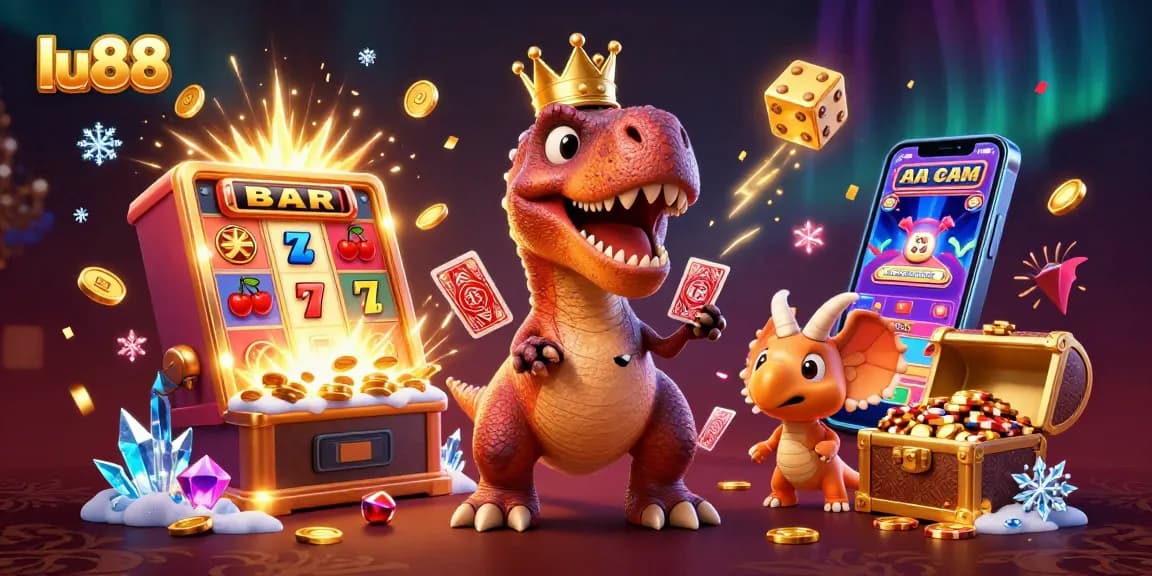 lu88 features a friendly T-Rex playing cards in a lively casino scene with golden coins.