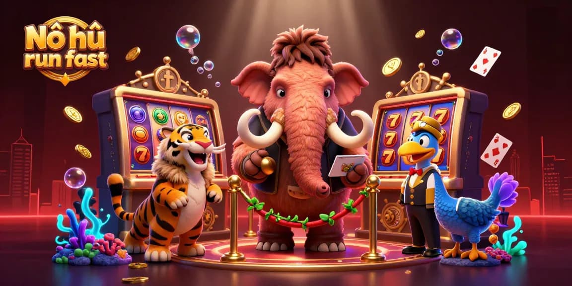 Nổ hũ run fast showcases a mammoth casino bouncer and saber-tooth tiger in a vibrant slot scene with floating cards.