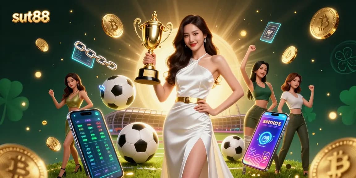 Place bets with sut88's victorious Asian woman holding a trophy in a vibrant casino-themed 3D illustration.