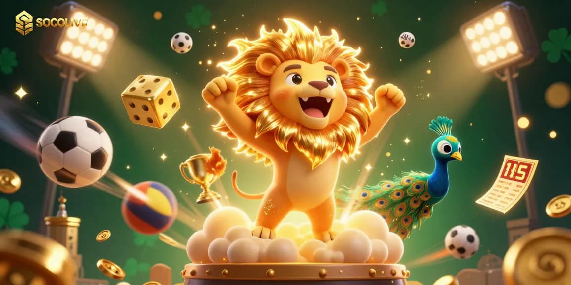 SOCOLIVE showcases a vibrant scene with a sun lion, golden dice, and sports balls in a fun casino atmosphere.