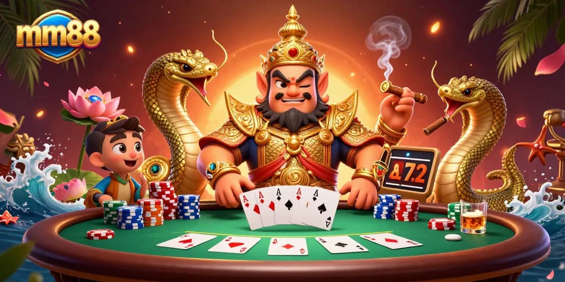 Experience thrilling mm88 poker games with our lively 3D illustration of guardians and vibrant casino elements.
