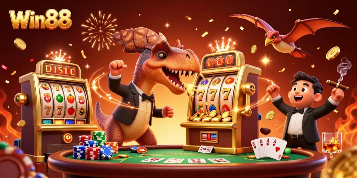 Win88 slot machine and dinosaur characters creating jackpot excitement in a vibrant casino scene.