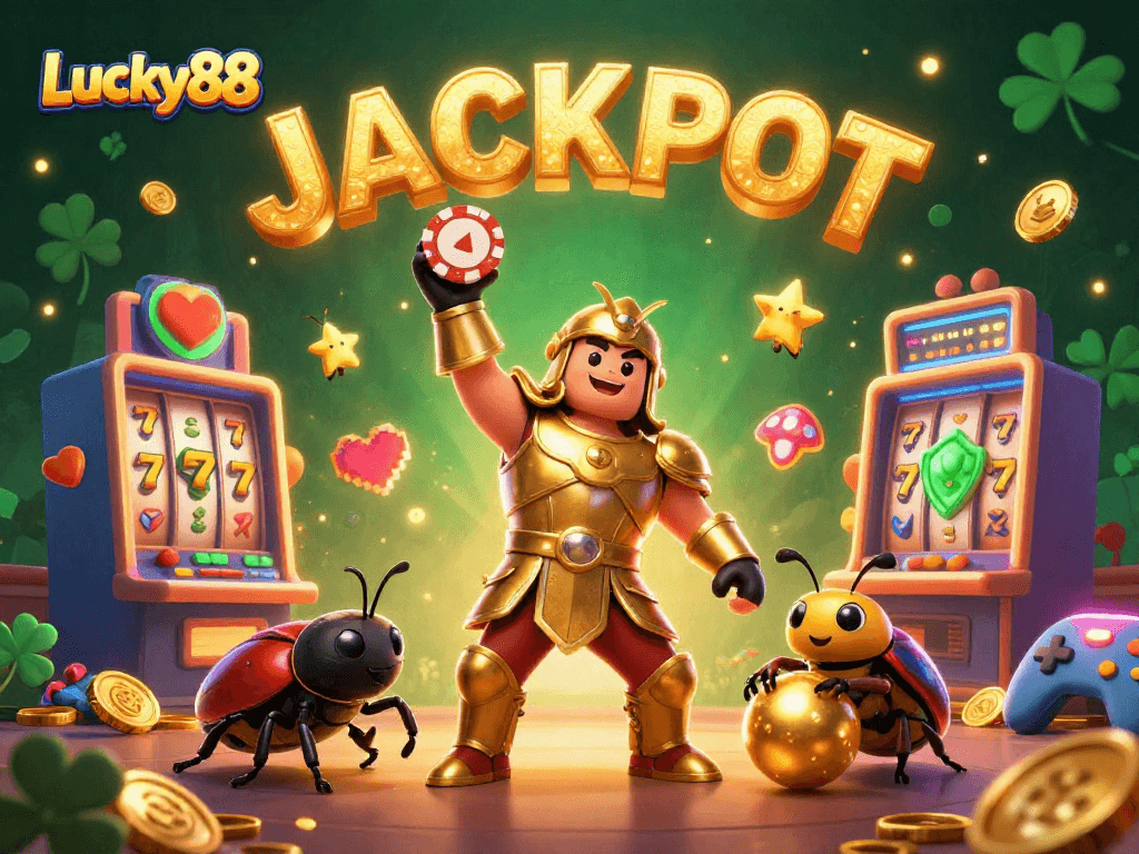 Engage with Lucky88 through a vibrant 3D scene featuring victorious characters in a lively casino setting.
