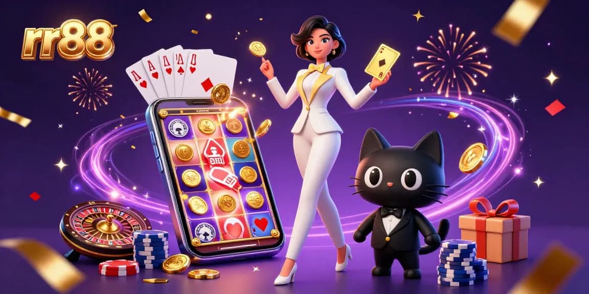 Experience exciting gameplay at rr88 with a glamorous dealer shuffling cards amid vibrant casino elements.